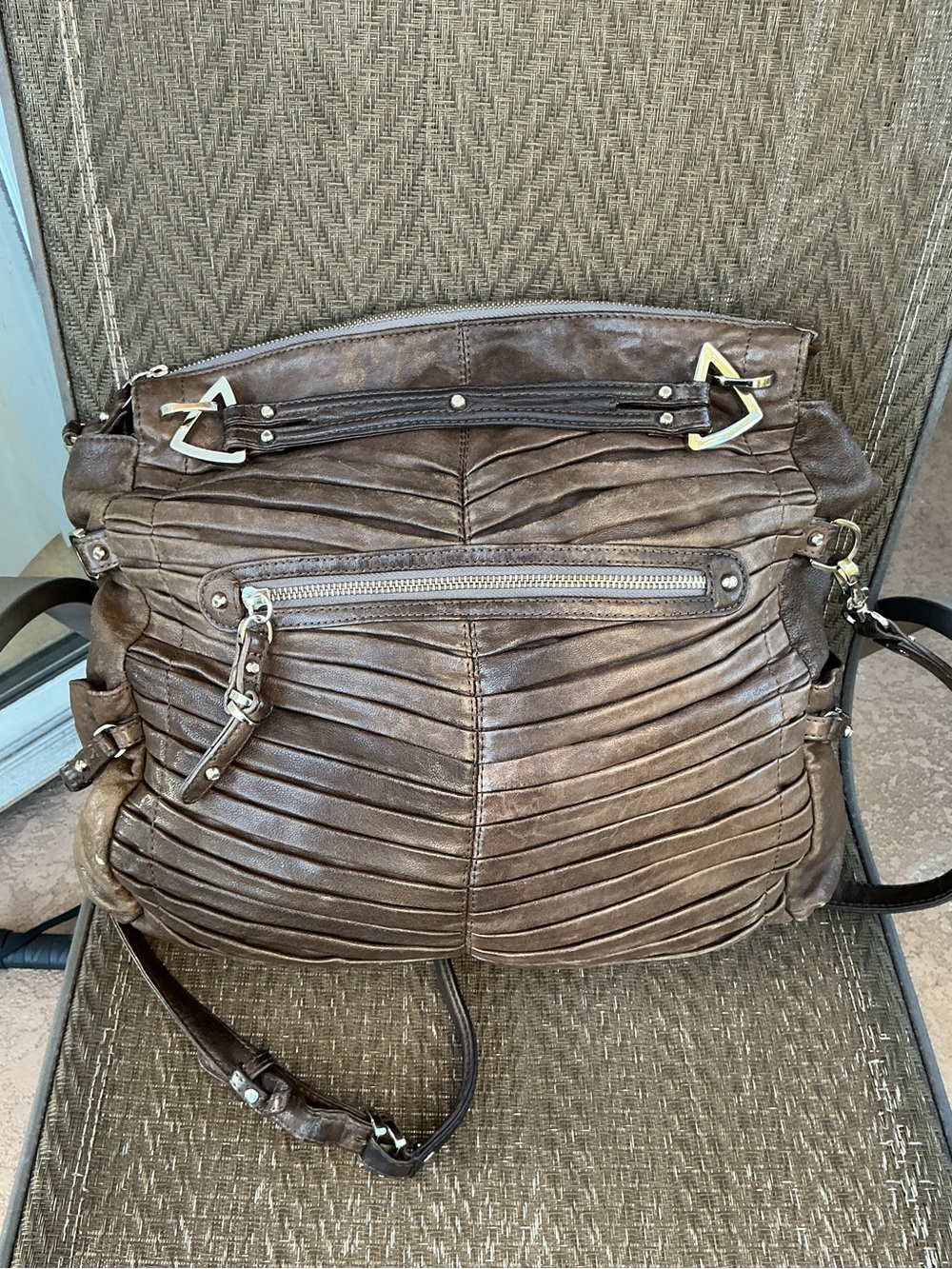 Junior Drake GAIL Brown Leather Pleated Satchel Crossbody Bag